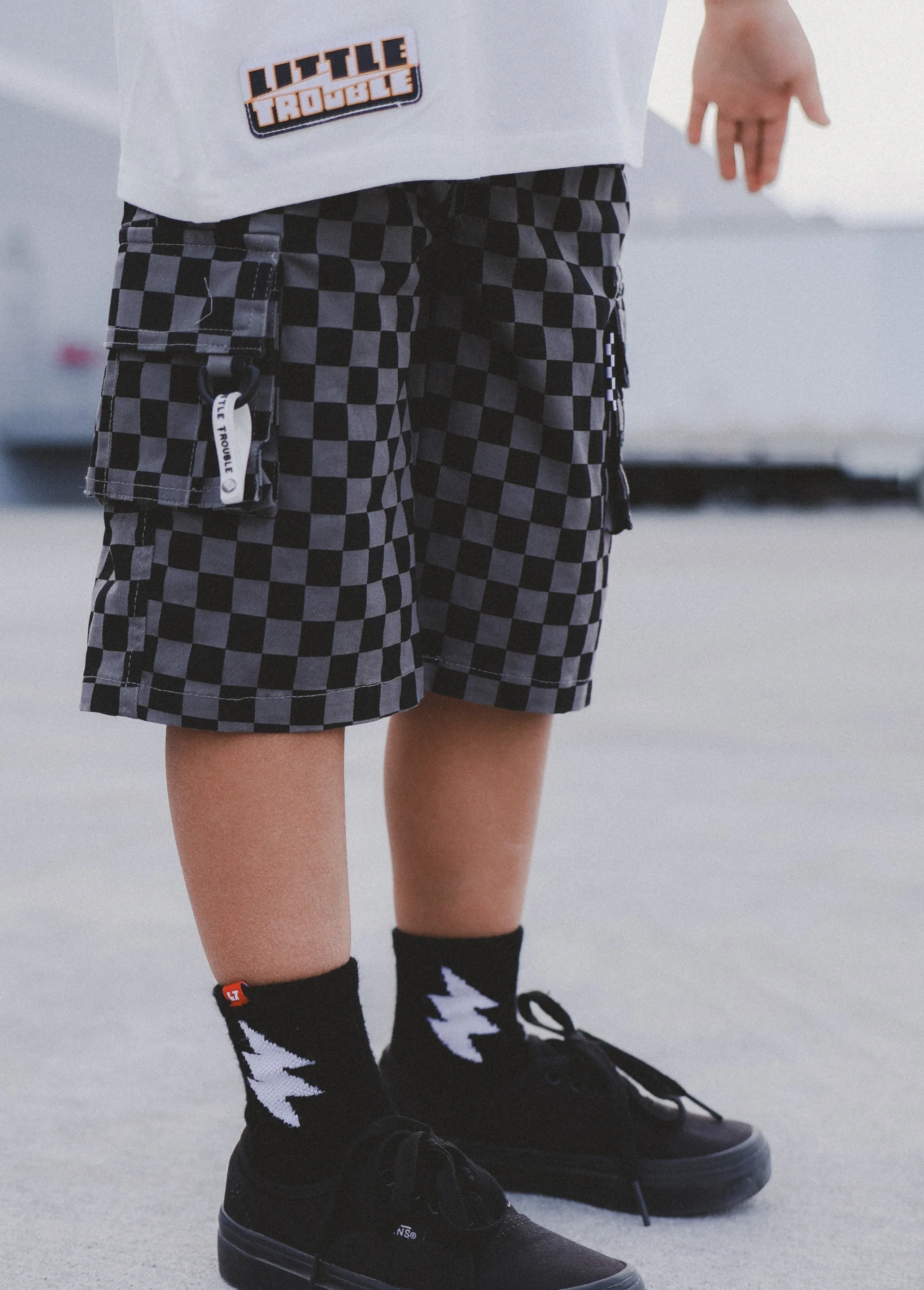 Grey Checker Cargo Shorts - Image 2